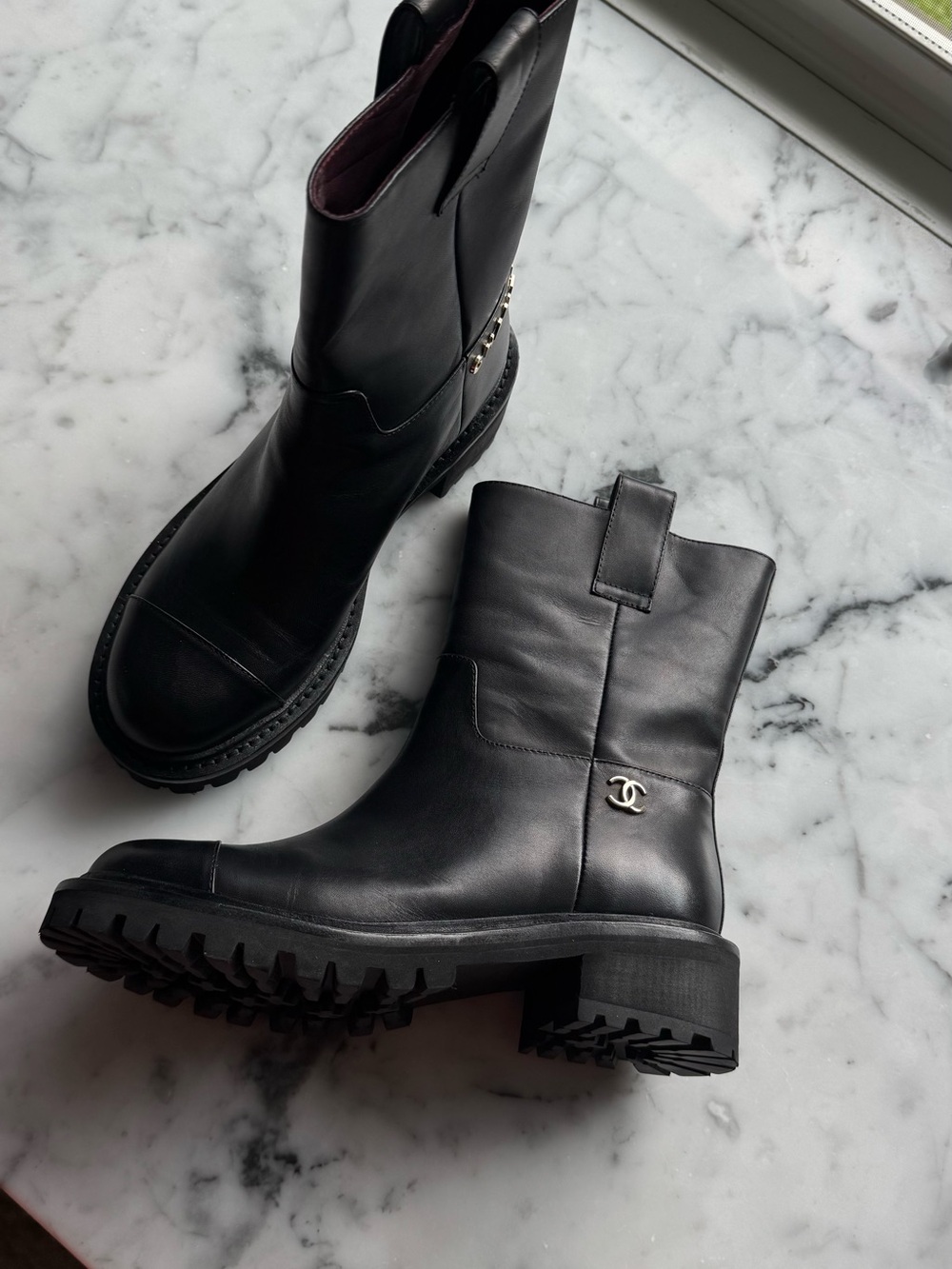 CHANEL Black Leather Lug-Sole Mid-Calf Combat Boots